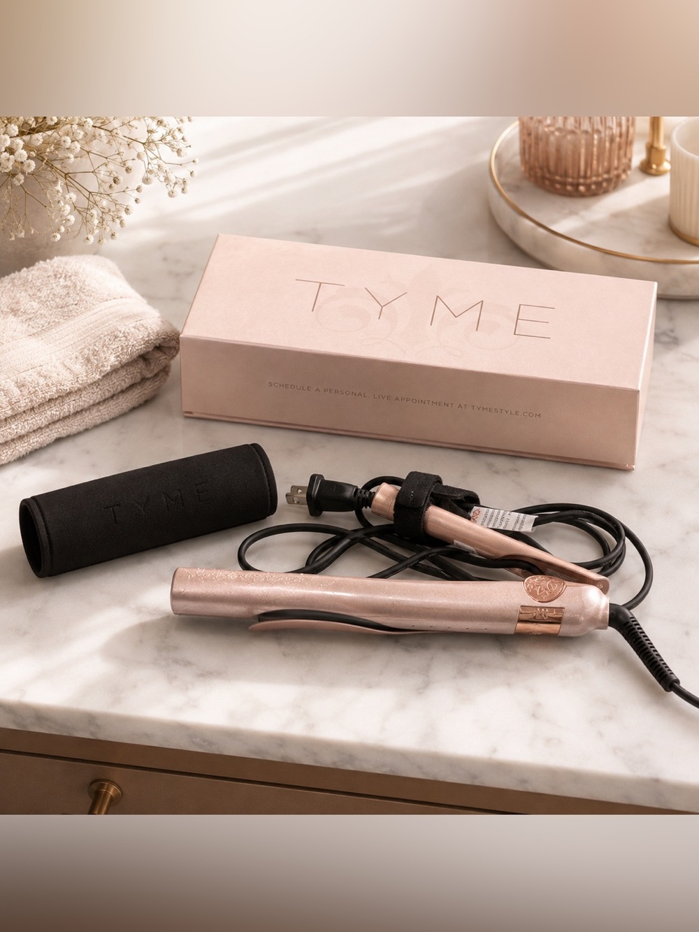 TYME Iron Pro Rose Gold 2-in-1 Hair Curler Straightener w Box & Heat Sleeve